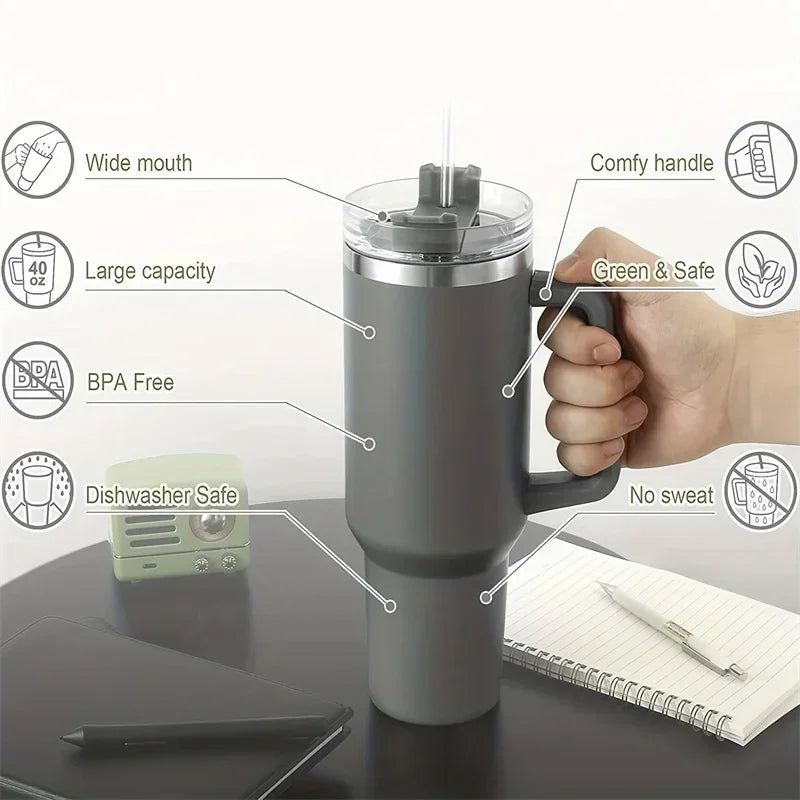 Bouteille d'Eau Isolée en Acier Inoxydable 304 de 1200ml, Tasse Thermique à Café, Gobelets Isothermes avec Poignée et Paille, Pour le Sport