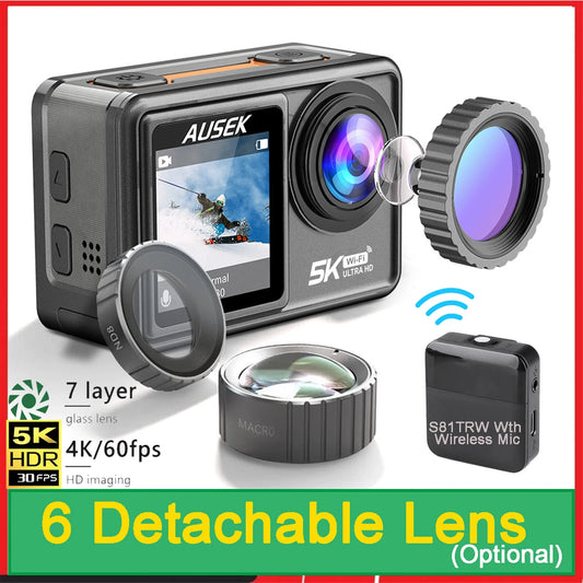 AUSEK S81TRW Action Camera - 5K Video, 4K60FPS, 48MP Photos, EIS, 5X Zoom, 1080P Webcam, Wi-Fi, Remote Control