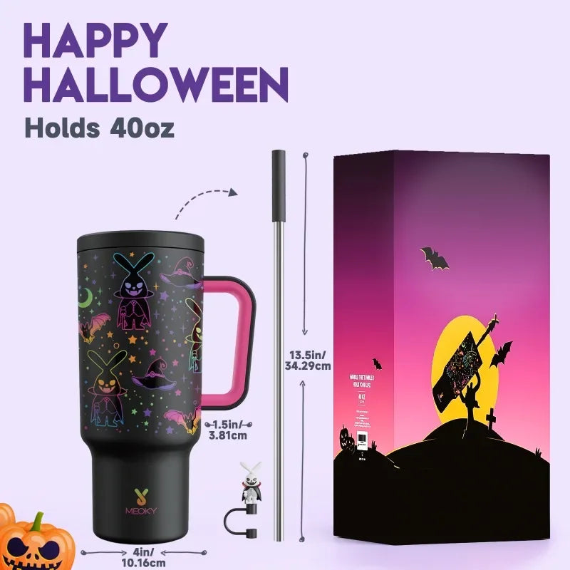 Meoky 40oz Insulated Halloween Tumbler with Straw – Stainless Steel Leak-Proof, Non-Slip, Portable Coffee Mug for Car