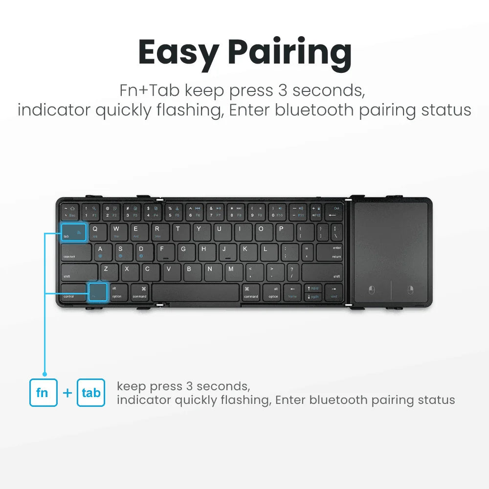 B.O.W Bluetooth Folding Keyboard – Portable Tri-Fold, Multi-Device, with Touchpad & Rechargeable Battery | Compatible with Windows, Android, iOS, Mac