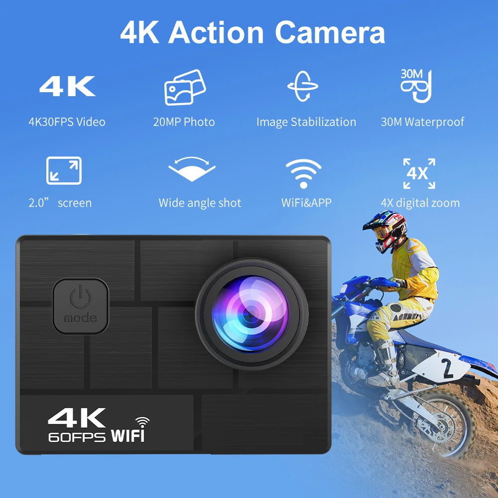 AUSEK AT-Q44CR – Caméra d'action 4K de premier ordre avec stabilisation d'image électronique