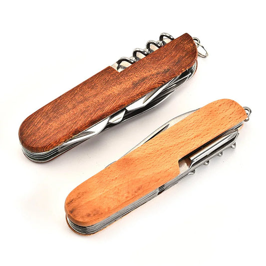 Cuchillo Plegable Multiusos 11 en 1 de Acero Inoxidable con Mango de Madera – Herramienta de Bolsillo para Llaveros de Exteriores