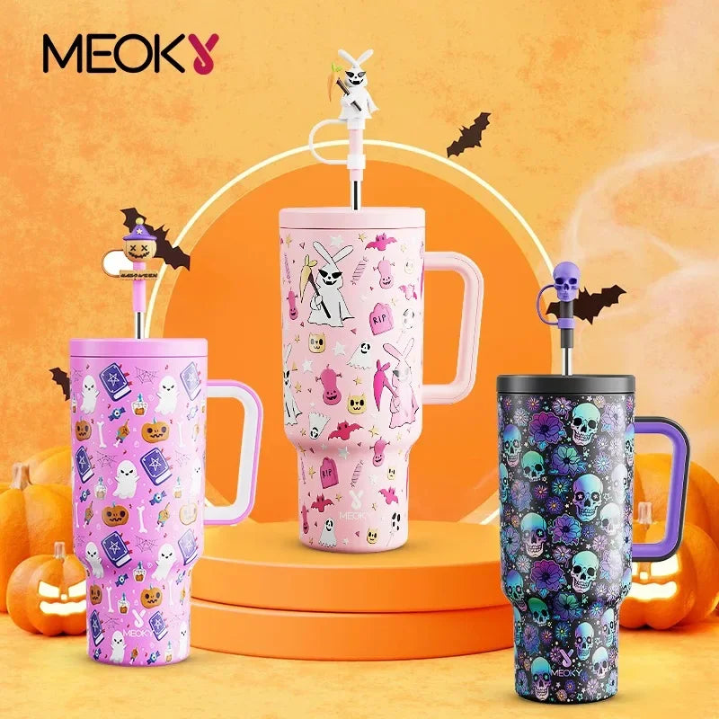 Meoky 40oz Insulated Halloween Tumbler with Straw – Stainless Steel Leak-Proof, Non-Slip, Portable Coffee Mug for Car