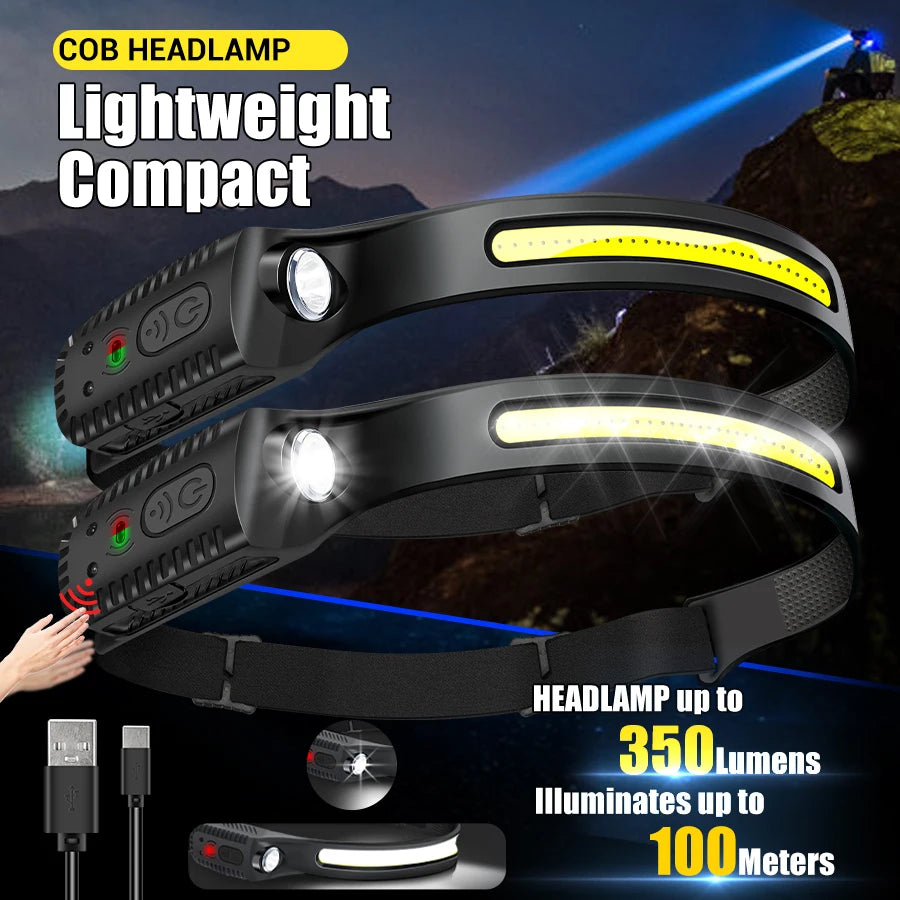 USB Rechargeable LED Sensor Headlamp | XPE+COB Headlight for Camping and Fishing